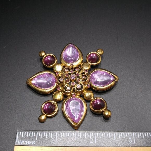 Vintage Purple Large Flower Brooch, Dark Light Purple Rhinestones, 2 3/4 Inches - Picture 8 of 8